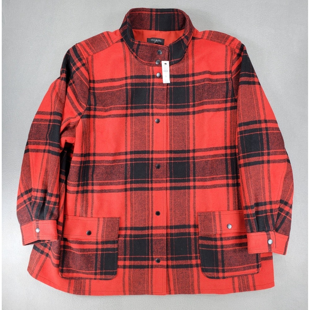 New Talbots‎ Women Wool Blend Red Fireplace Buffalo Plaid Jacket Coat 3X Plus